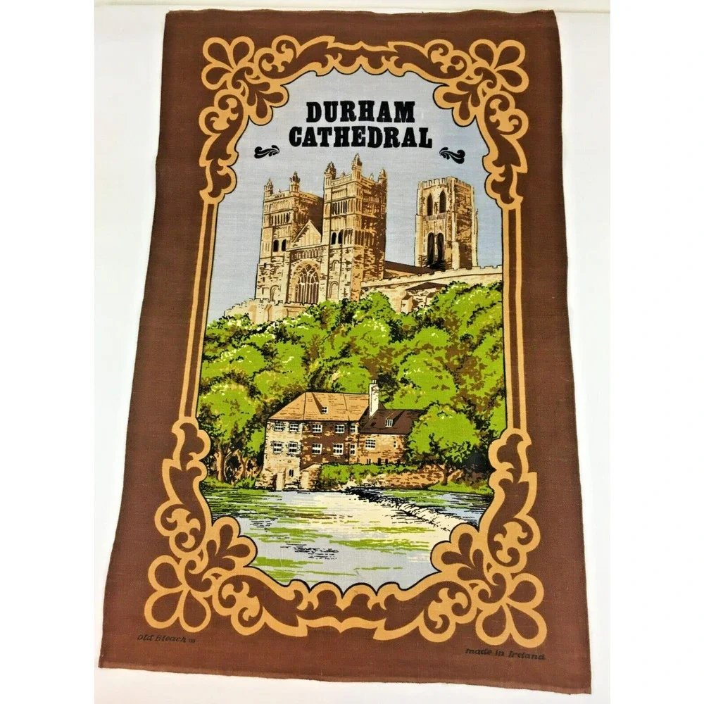 Vintage Kitchen Tea Towel Durham Cathedral Old Bleach Made in Ireland Brown